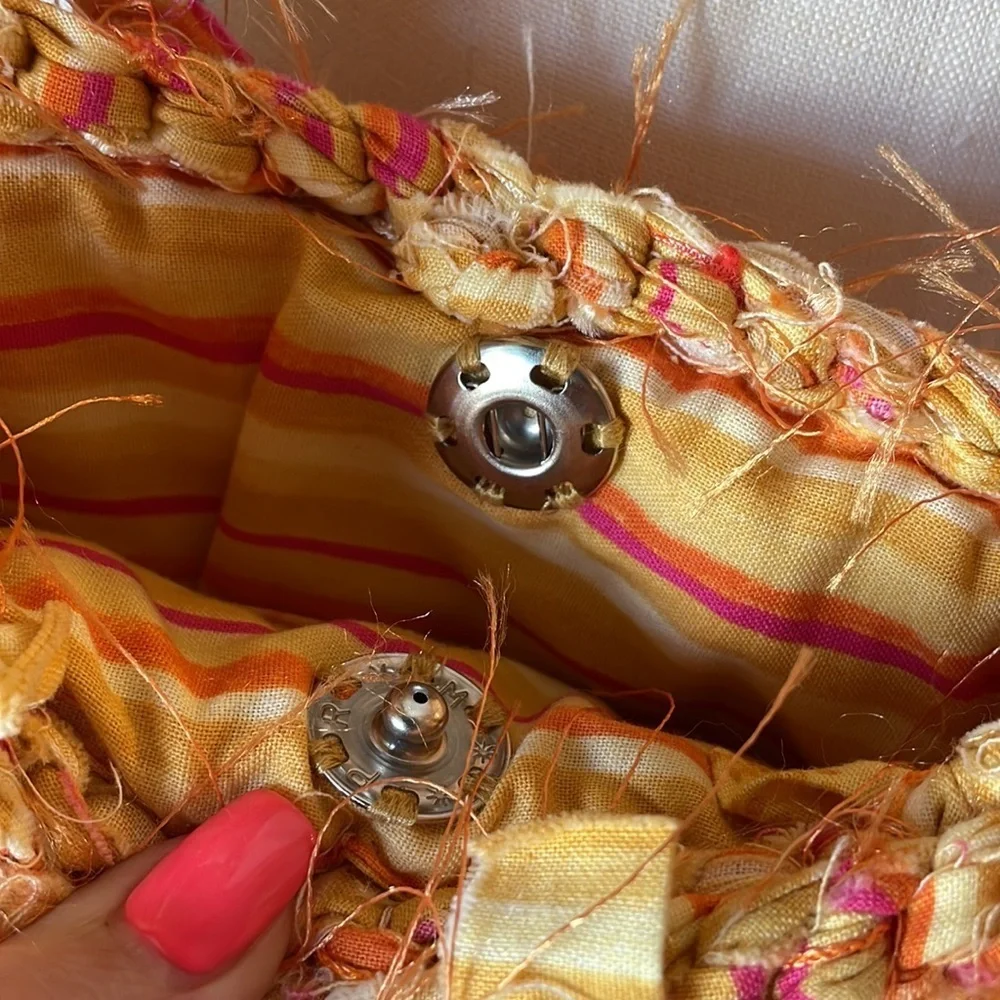 UNIQUE HANDMADE boho chunky Rag Knitted yellow shoulder bag genuine shells